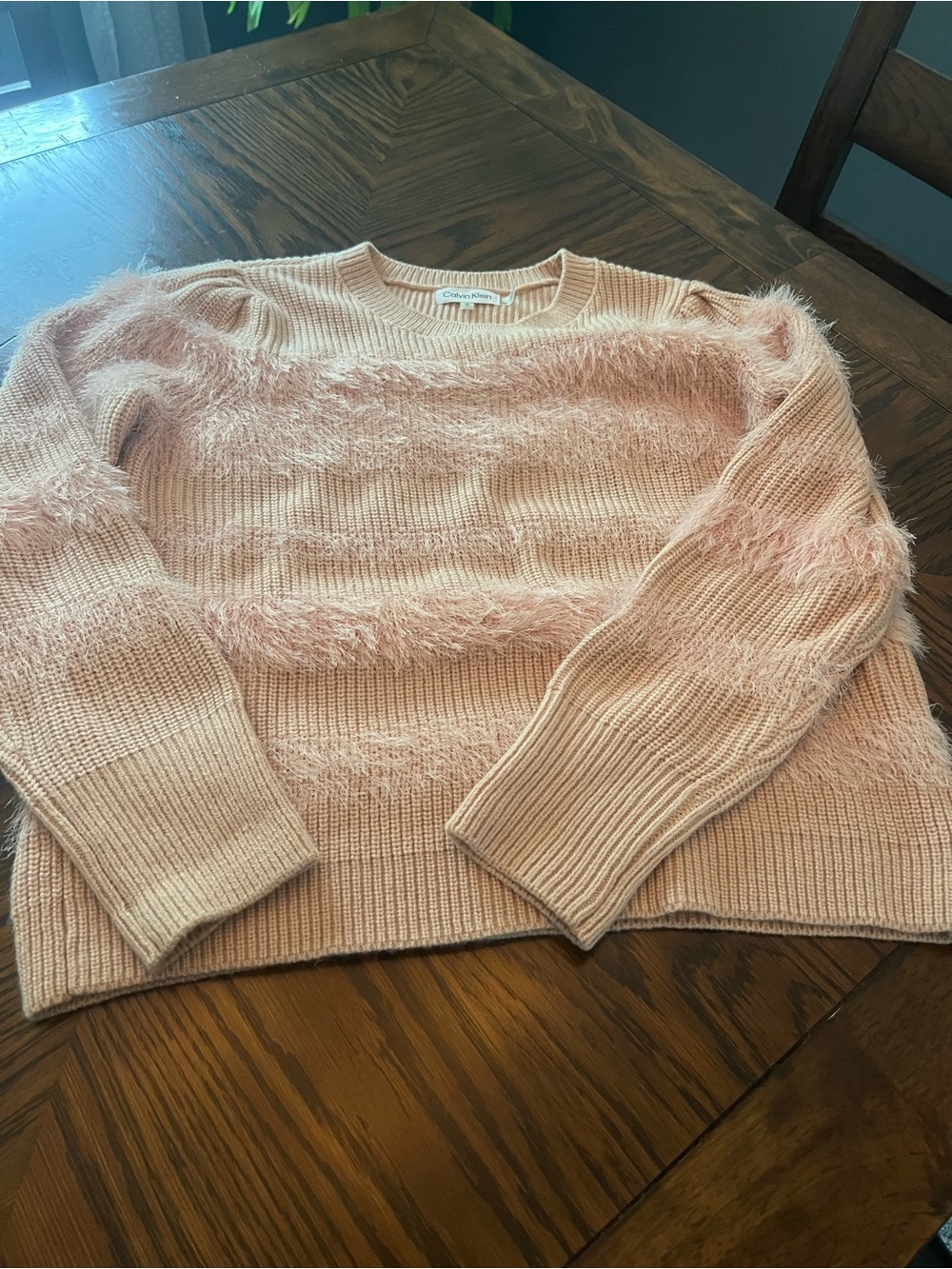 Calvin Klein Women’s S Pink Solid Knit Crew Neck Pullover Fringe Sweater # 603